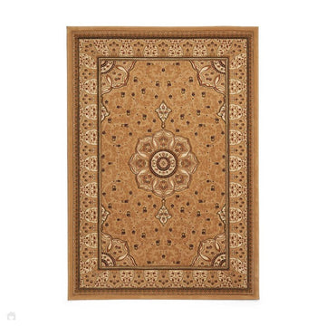 Heritage 4400 Traditional Medallion Floral Tonal Vine Border Soft Carved Hi-Low Durable Polypropylene Golden Beige/Cream/Brown/Tan Rug-Think Rugs-Rug Love - The Most Loved Rug Store